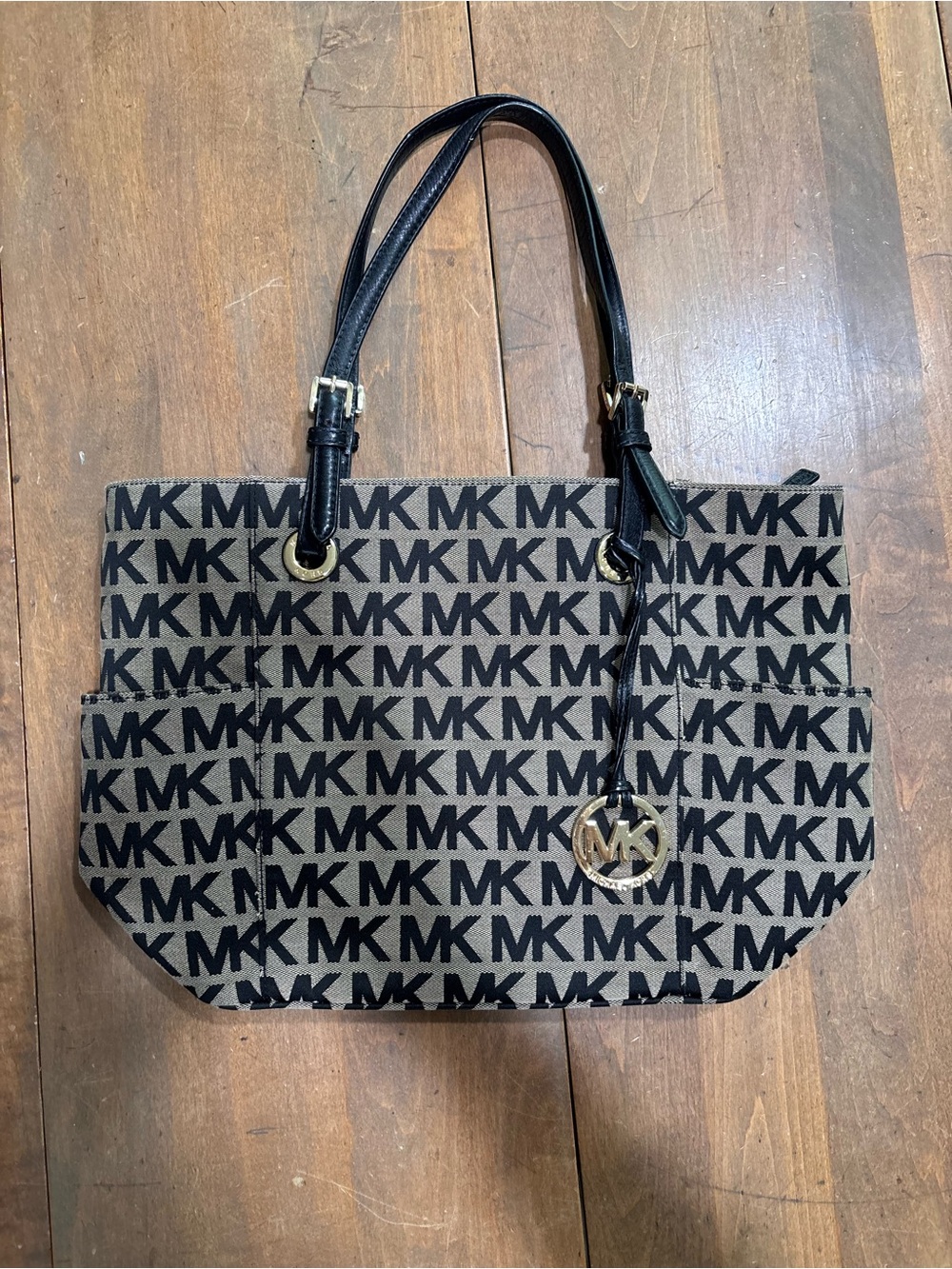 Michael Kors Black MK Logo Canvas Tote with Gold Charm